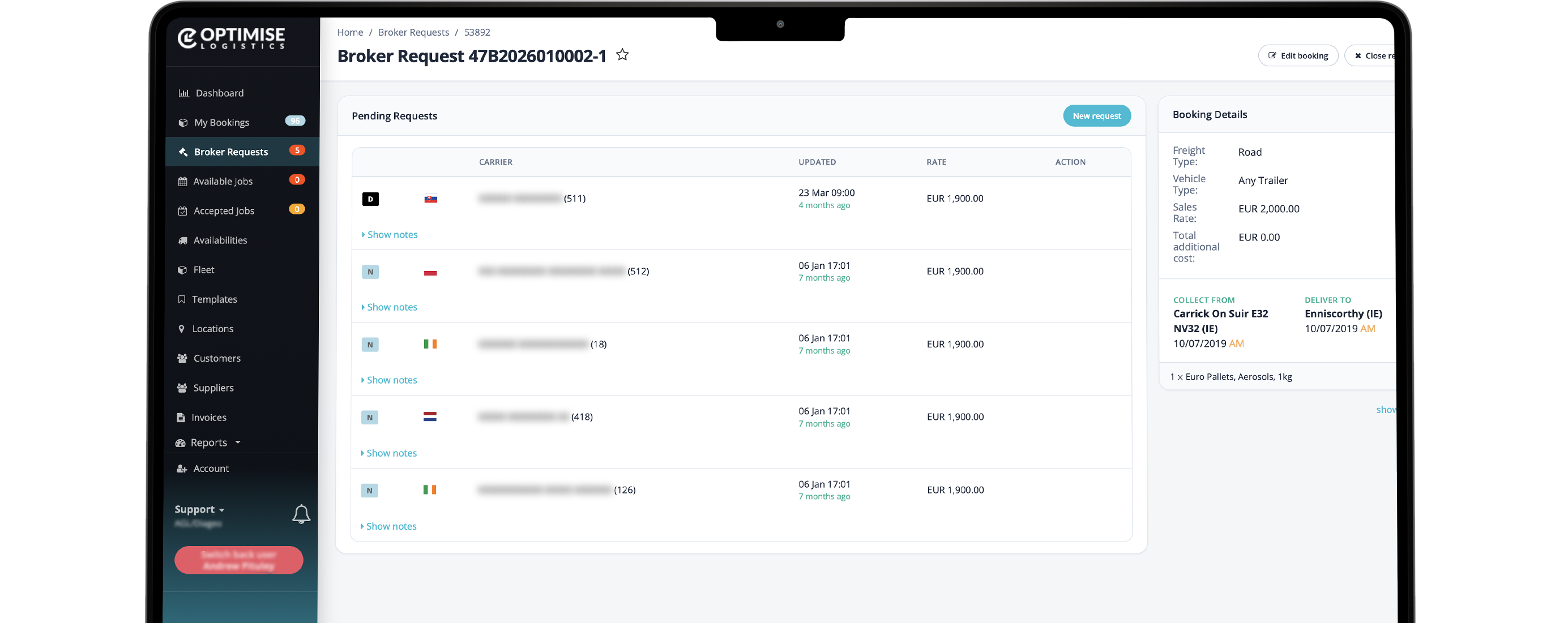 Transport management dashboard with shipment booking and tracking tools
